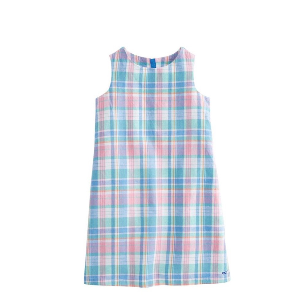 Vineyard Vines Linen Blend Madras Plaid Shift Dress Girls Size 14 Multi Pastel